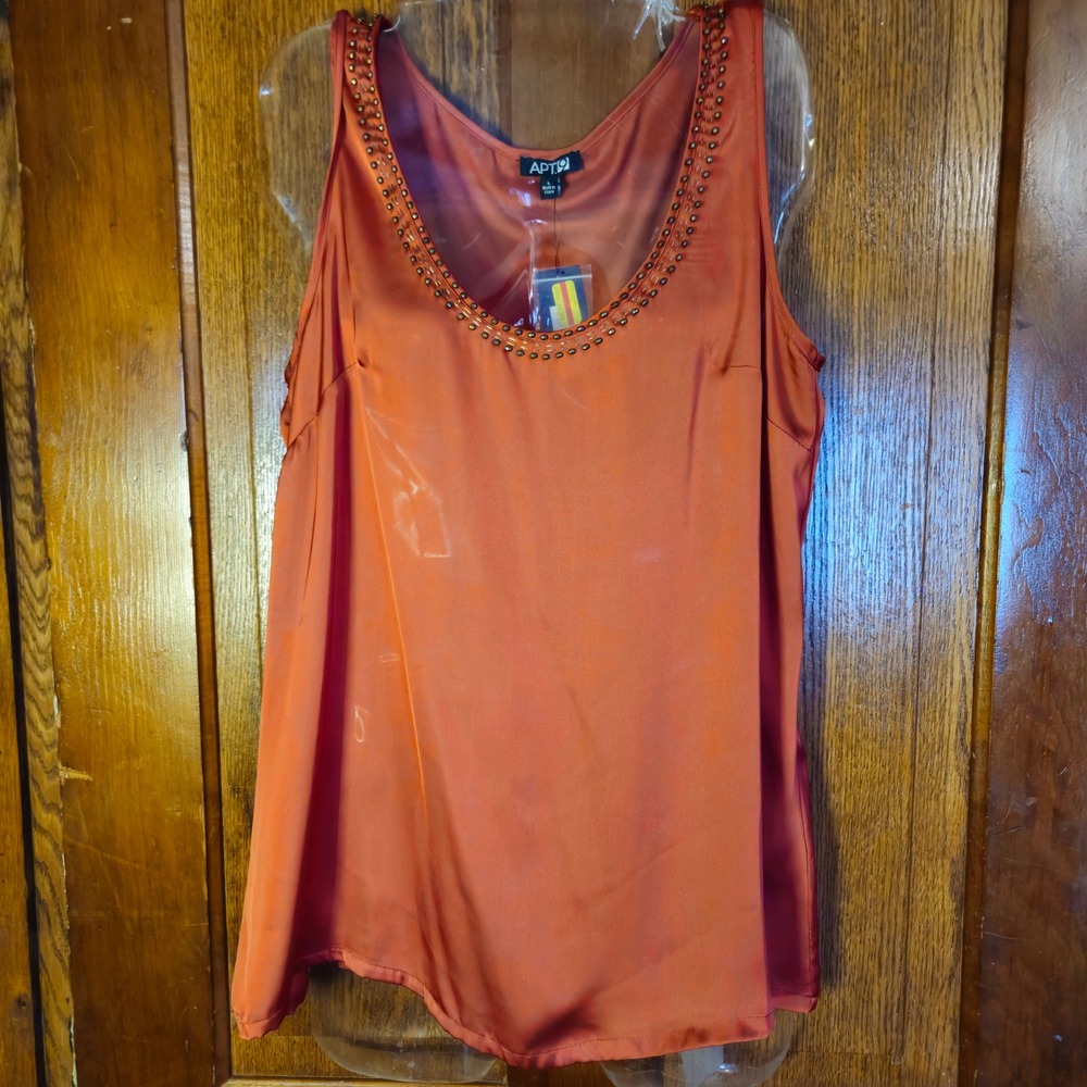 Apt 9 Tank Top Womens L Bossa Nova Orange Beaded Satin Scoop Neck Blouse New